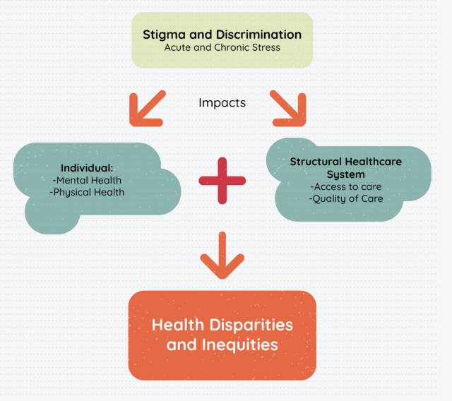 This image is a graph that shows how various factors affect Health Disparities. Top of image is Stigma and Discrimination with smaller text reading Acute and chronic stress. Arrows point towards a bubble labeled Individual with small text reading Mental Health and physical health, and Structural Healthcare System with small text reading access to care and quality of care. Lastly, they all point to Health Disparities and Inequities
