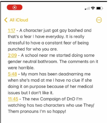 This is an image of a notes app with type in it. It reads: 1:17 A character just got gay bashed and that's a fear I have everyday. It is really stressful to have a constant fear of being punched for who you are. 2:09 A school near me started doing some gender neutral bathroom. The comments on it were horrible. 5:48 My mom has been deadnaming me when h's mad at me I have no clue if she going it on purpose because of her medical issues but I don't like it. 11:45 The new campaign of DnD I'm watching has two characters who use they/them pronouns I'm so happy!