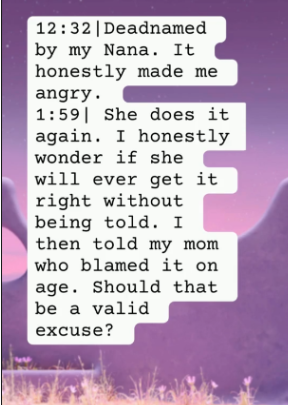 this is an image of text typed on a mobile phone. The text reads: 12:32 Deadnamed by my nana. It honestly made me angry. 1:59 She does it again. I honestly wonder if she will ever get it right without being told. I then told my mom who blamed it on age. Should that be a valid excuse?